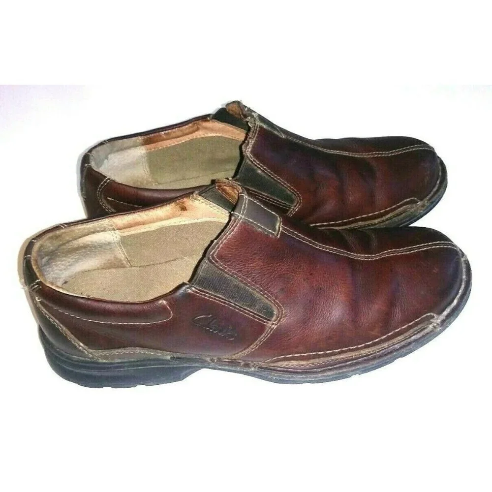 CLARKS LOAFERS mens 10M Leather Brown COTRELL Round Toe Slip On Shoes 78538 EUC